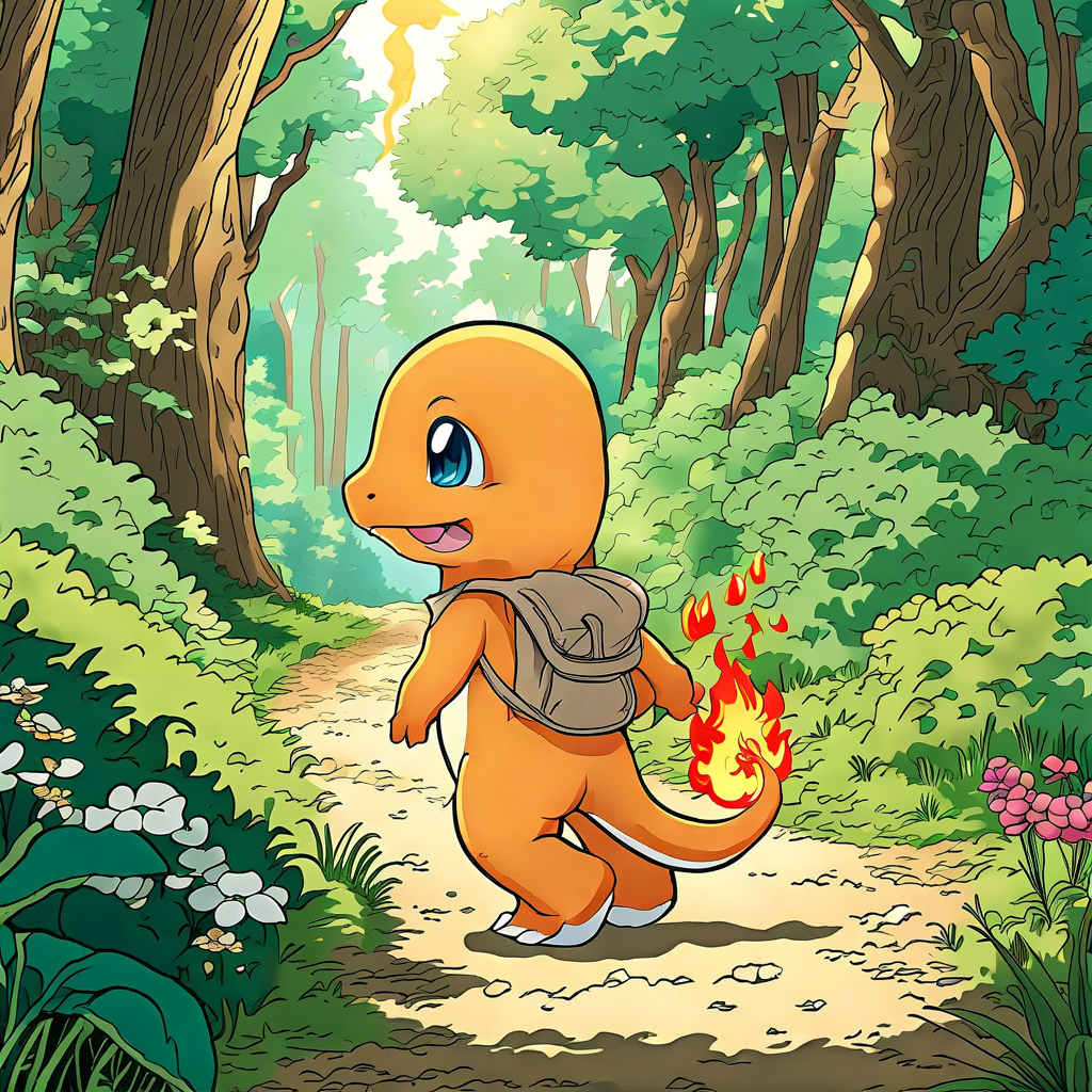Charmander with a backpack walking through a sun-dappled forest path | charmander, anime-style, full-body view, daytime, forest, relaxed