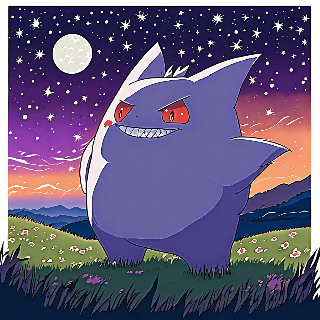 Gengar standing under a starry night sky on a grassy hill | gengar, full-body view, night, stars, grassy_hill