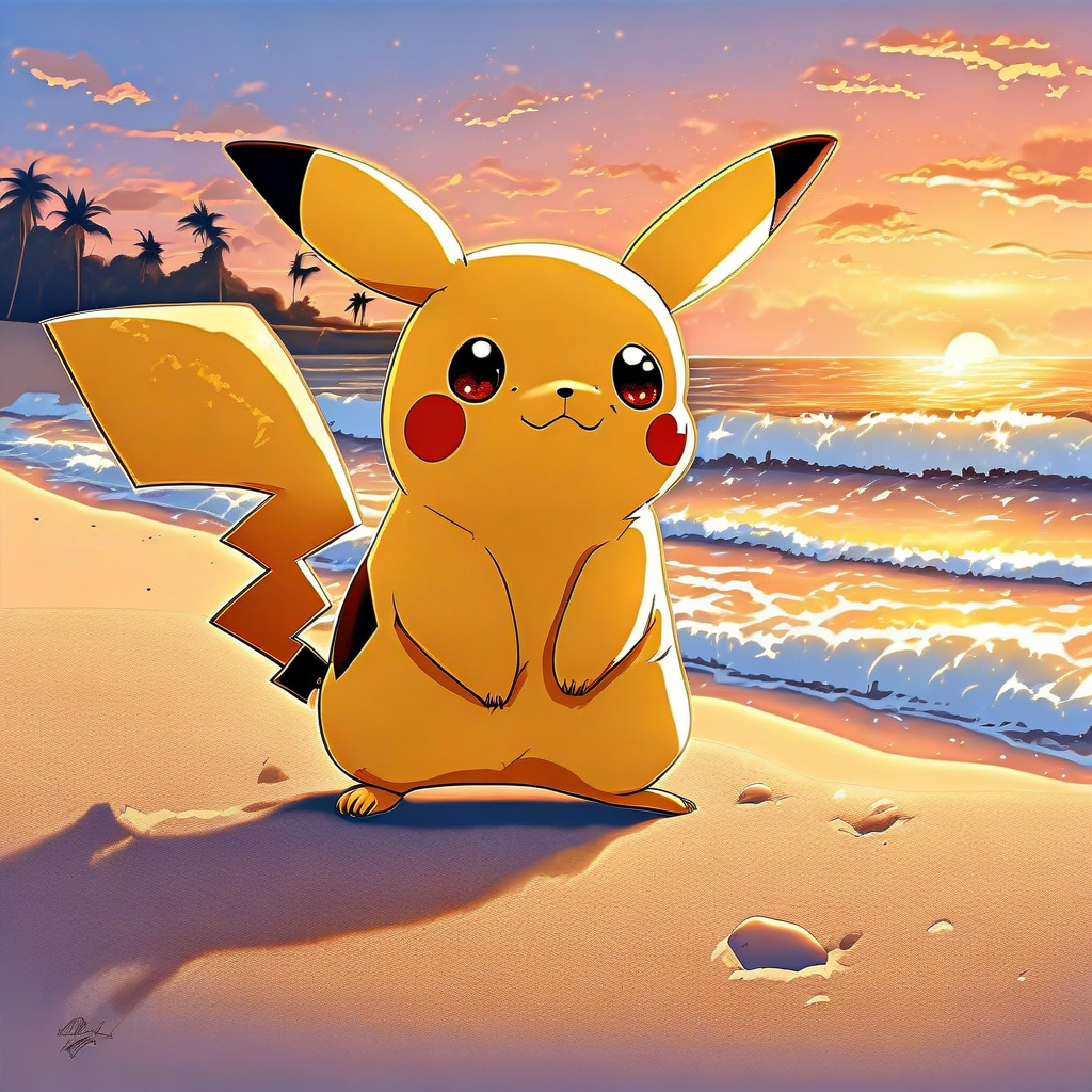Pikachu playing on a sandy beach at sunset | pikachu, anime-style, cute