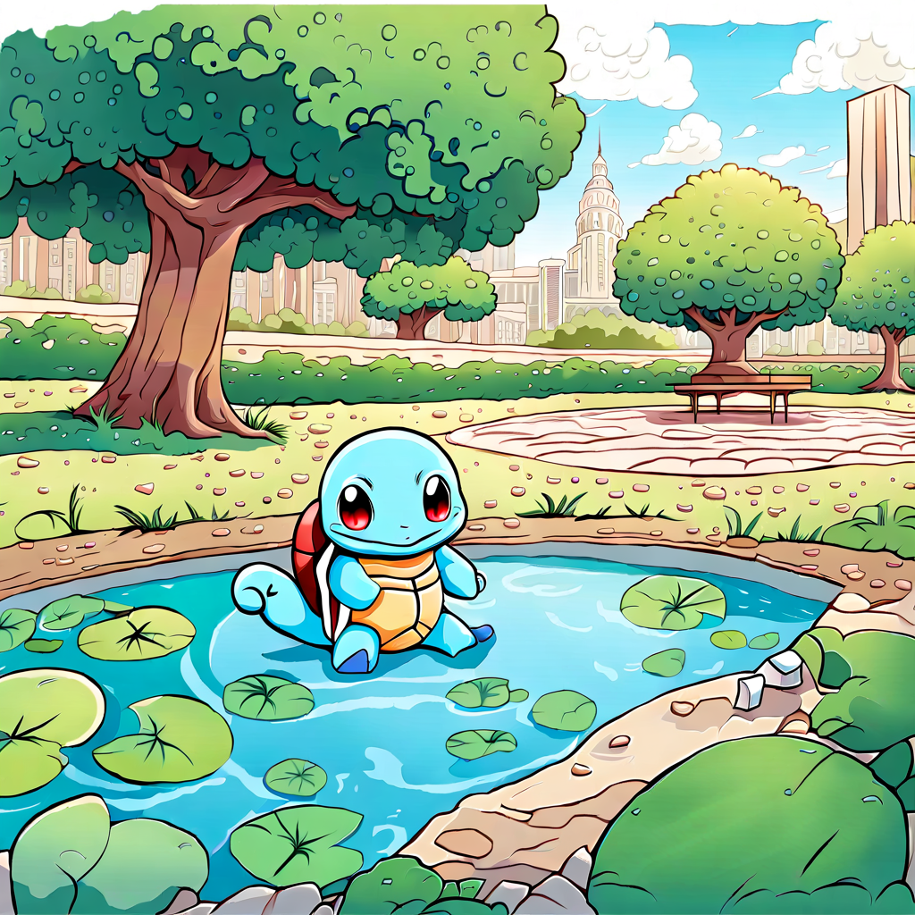 Squirtle, chibi-style, playing by a calm pond in a city park | squirtle, chibi-style, full-body view, daytime, city_park, pond, water, cute